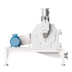 UM Universal Mill for Grinding of sugar, spices, herbs, starches, dairy products and more Front and side views of an industrial impact mill showing grinding housing, electric drive motor, and process connections.