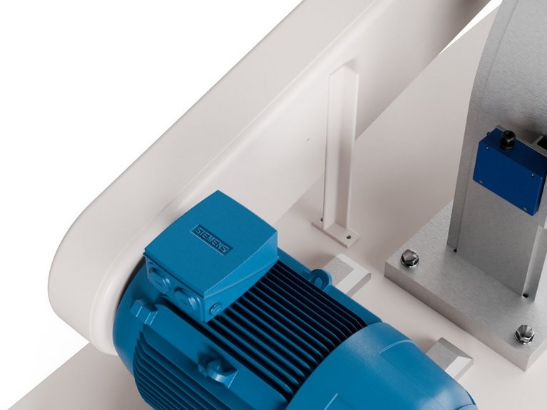 UM Universal Mill for Grinding of sugar, spices, herbs, starches, dairy products and more Close-up of an electric drive motor with belt transmission mounted on an industrial grinding system frame.