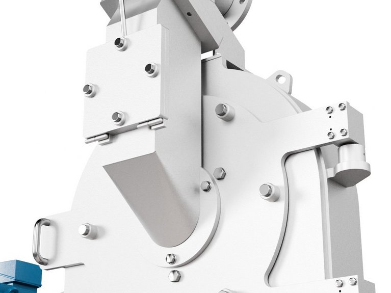 UM Universal Mill for Grinding of sugar, spices, herbs, starches, dairy products and more Close-up of an industrial impact mill housing with flanged material inlet, inspection access panel, and process chamber.