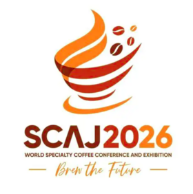 SCAJ 2026 conference and exhibition logo featuring a stylized coffee cup and coffee beans in orange tones