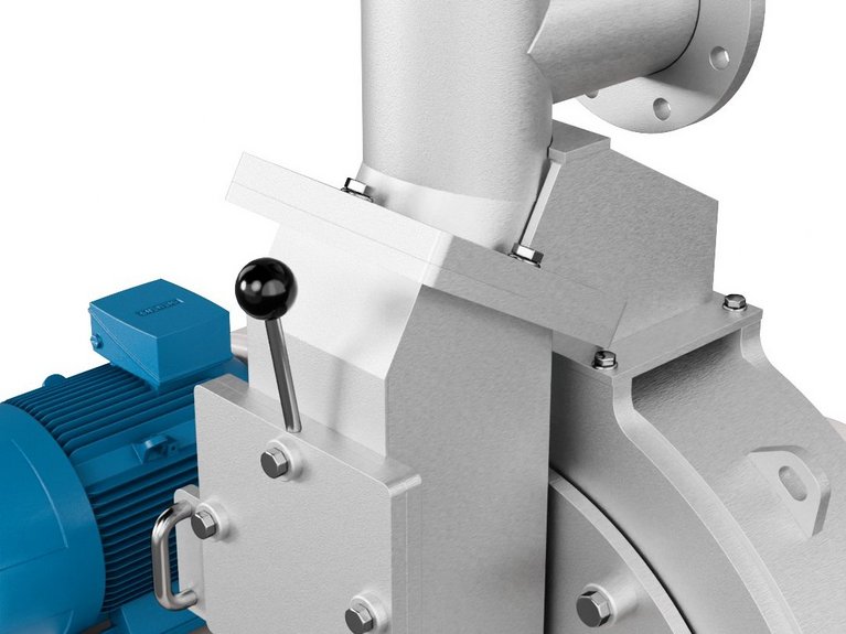 UM Universal Mill for Grinding of sugar, spices, herbs, starches, dairy products and more Close-up of an industrial impact mill housing with flanged material inlet, inspection door, and electric drive motor.