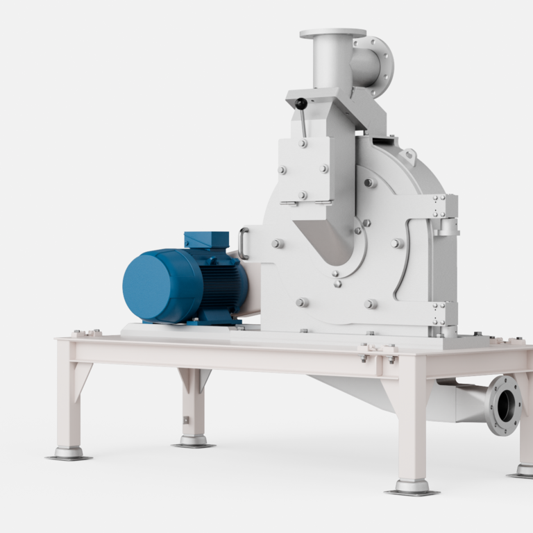 UM Universal Mill for Grinding of sugar, spices, herbs, starches, dairy products and more Industrial impact mill with electric drive motor, grinding housing, and pneumatic material inlet and outlet connections.