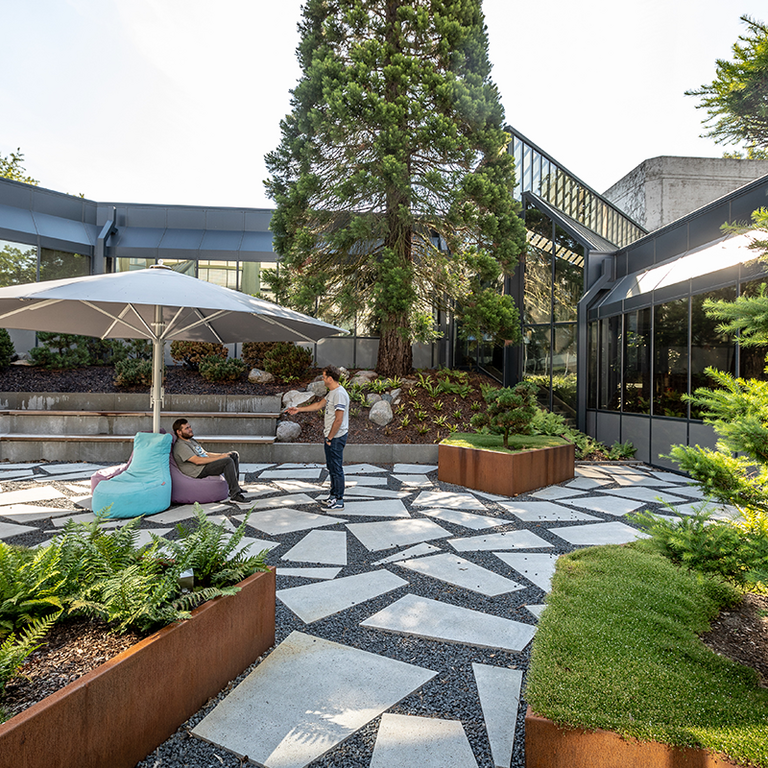 Employees sit on a campus surrounded by the company building and some plants