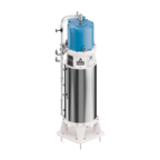 Vertical stainless steel industrial mixer with integrated piping, instrumentation, and top-mounted drive unit